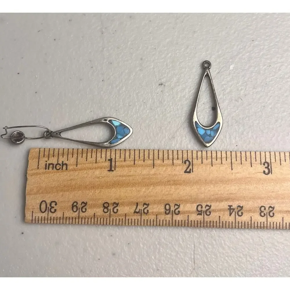 Vintage Teardrop Sterling Silver Turquoise Style Inlay Dangle Earrings NO HOOK